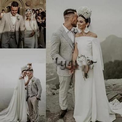  vintage boat neck wedding dresses special cut cape bohemian bridal gowns sweep train elegant simple modern vestido de noiva - Thumbnail 5