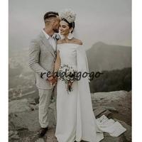  Vintage Boat Neck Wedding Dresses Special Cut Cape bohemian Bridal Gowns Sweep Train Elegant Simple Modern Vestido De Noiva - Thumbnail 1