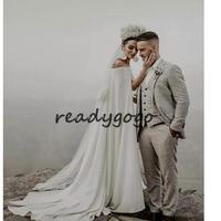  Vintage Boat Neck Wedding Dresses Special Cut Cape bohemian Bridal Gowns Sweep Train Elegant Simple Modern Vestido De Noiva - Thumbnail 3