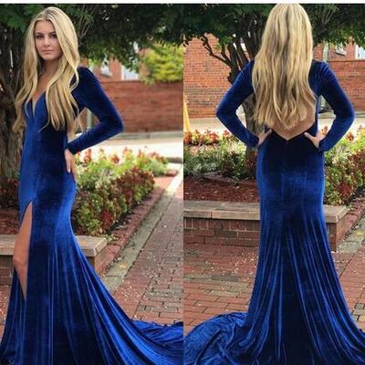  sexy velvet mermaid prom dresses v neck long sleeves high split floor length backless royal blue evening dresses party gowns - Thumbnail 5