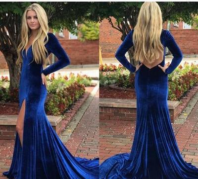  Sexy Velvet Mermaid Prom Dresses V Neck Long Sleeves High Split Floor Length Backless Royal Blue Evening Dresses Party Gowns