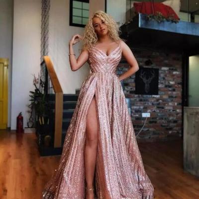 New thigh high split sexy prom dresses new spaghetti straps a line sequined formal party wear vintage long prom gowns - Thumbnail 5