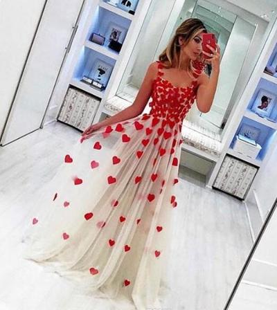 Charming Prom Dresses Long Scoop Neck Sleeveless Heart-Shaped Appliques Arabic High Quality Evening Party Gowns Floor Length