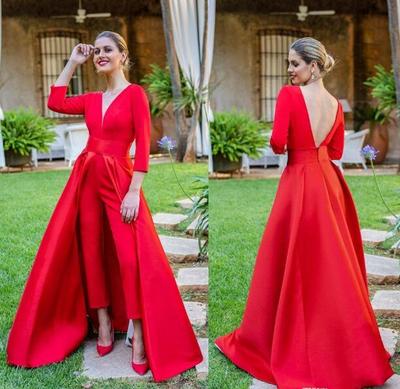 New Red Jumpsuits Prom Dresses 3/4 Long Sleeves V Neck Formal Evening Dresses Simple Party Gowns Cheap Special Occasion Pants