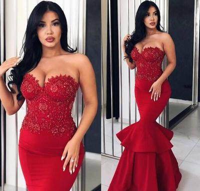 Mermaid Peplum Prom Dresses Long Sexy Sweetheart Neckline Beaded Lace Appliques Formal Evening Gowns Women Celebrity Party Dress