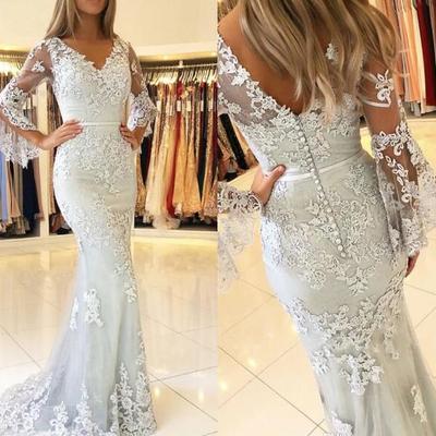  lace mermaid prom dresses long sleeves backless formal dresses evening gowns dresses button back vestido de novia - Thumbnail 5