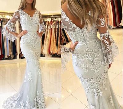  Lace Mermaid Prom Dresses Long Sleeves Backless Formal Dresses Evening Gowns Dresses Button Back vestido de novia