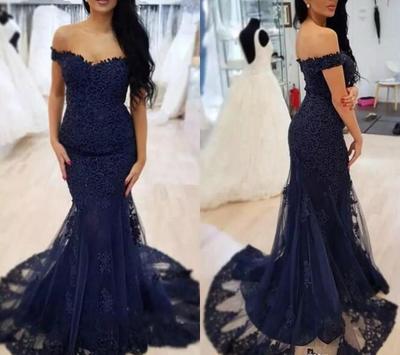 Off Shoulder Lace Appliques Mermaid Prom Dresses Modest 2019 Slim Evening Party Gowns Ladies Cheap Vestidos De Soiree Special Occasion Gown