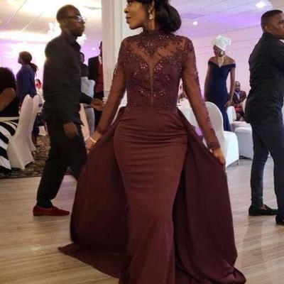 Burgundy mermaid long sleeve formal evening dresses high neck appliques beaded sexy evening gowns with train african prom dress - Thumbnail 5