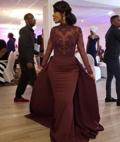 Burgundy Mermaid Long Sleeve Formal Evening Dresses High Neck Appliques Beaded Sexy Evening Gowns with Train African Prom Dress