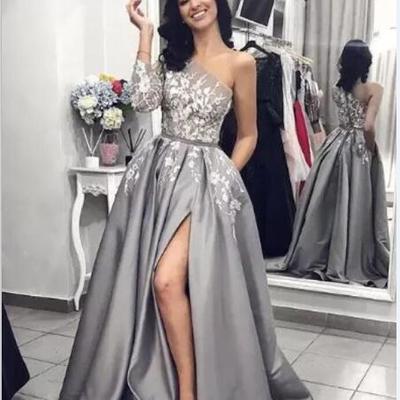 Silver evening dresses a-line one shoulder satin sweep train prom dress lace appliqued side split special occasion gowns - Thumbnail 5