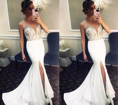 Sexy Spaghetti Mermaid Prom Dresses Split Sweep Train Slim Long Vestidos De Soiree Customized Girls Evening Party Gowns Rode De Festa