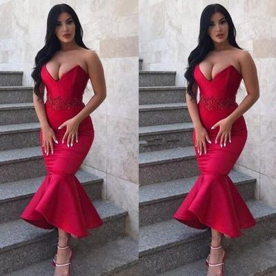 Sexy mermaid red long prom dresses sweetheart lace appliques tea length evening wear formal party gowns  - Thumbnail 5