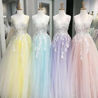 Stunning colorful tulle prom dresses a line deep v neck sleeveless lace appliques backless floor length evening party gowns illusion top - Thumbnail 5