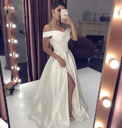 Sexy V Neck Long White Prom Dresses With High Split Elegant A-line Woman Off the Shoulder Special Evening Formal Gowns