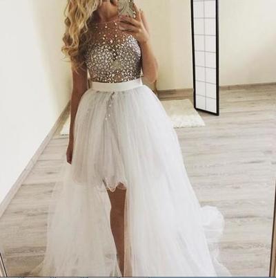  Sheer Neck with Beaded Rhinestone Prom Dresses Sleeveless High Low Tulle A Line Party Formal Gowns