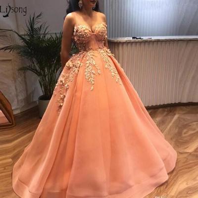 Peach prom dresses with delicate appliques 3d flower beaded prom gowns sweetheart plus size lace up ball gown - Thumbnail 5