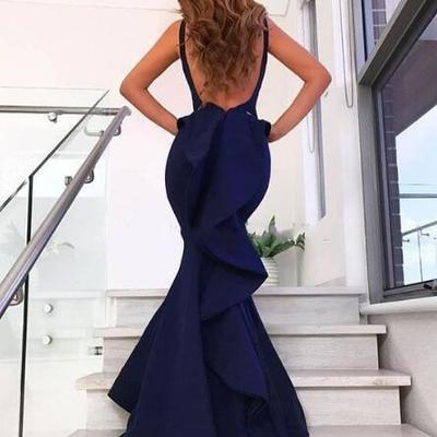 Modest elegant navy blue mermaid evening dresses v neck sleeveless satin floor length backless prom dresses sexy evening gowns with ruffles - Thumbnail 5