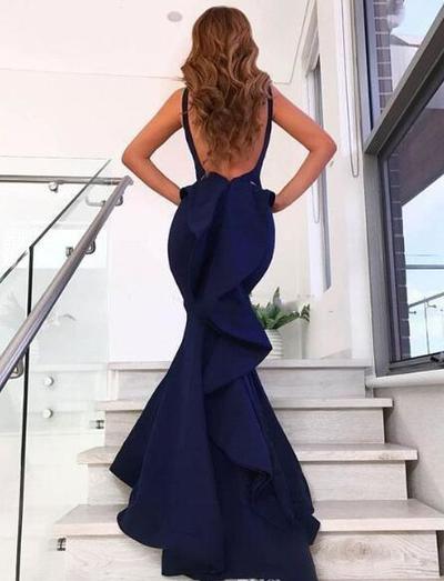 Modest Elegant Navy Blue Mermaid Evening Dresses V Neck Sleeveless Satin Floor Length Backless Prom Dresses Sexy Evening Gowns With Ruffles
