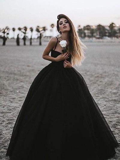 Ball Gown Black Prom Dress Cheap Vintage Tulle Prom Dress
