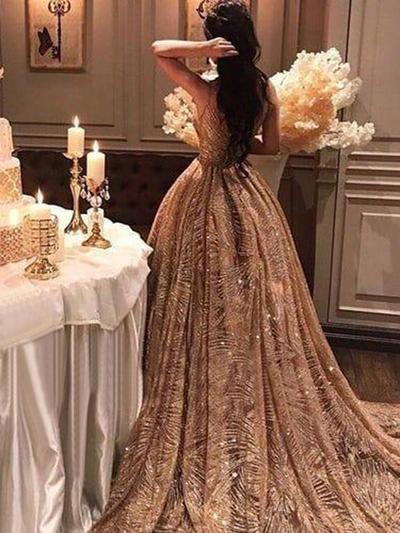 Chic Gold Prom Dress Vintage Unique Long Prom Dress