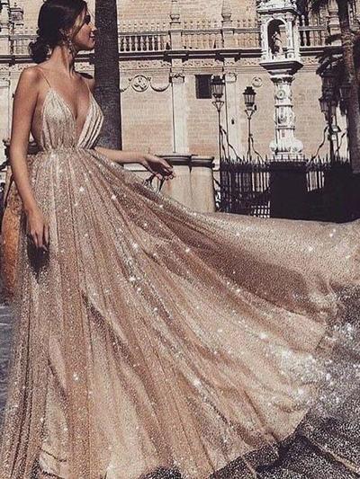 Chic Gold Prom Dress Vintage Unique Cheap Long Prom Dress