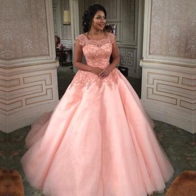 Vintage ball gown long prom dresses cap sleeves draped square neckline beading 2019 pink evening gowns court train gorgeous - Thumbnail 5