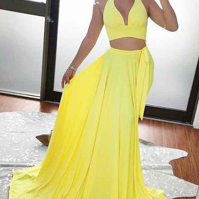 Two piece a line yellow cheap long prom dress sexy formal evening dress  - Thumbnail 5