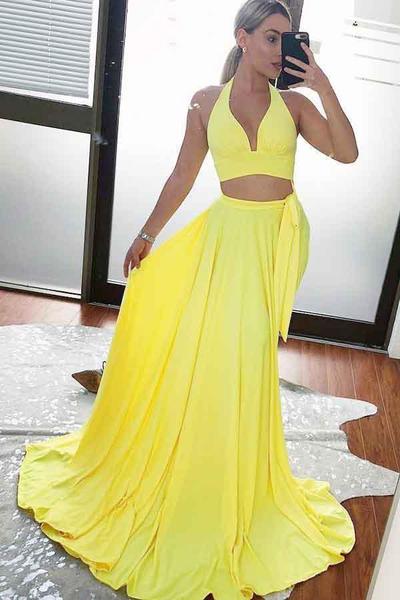 Two Piece A Line Yellow Cheap Long Prom Dress Sexy Formal Evening Dress 