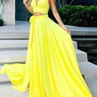 Two Piece A Line Yellow Cheap Long Prom Dress Sexy Formal Evening Dress  - Thumbnail 1