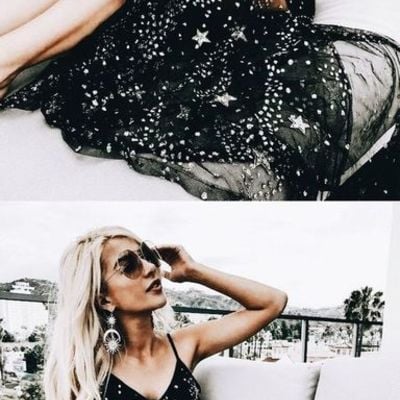 Sexy sparkly black spaghetti straps a line star long prom dress  - Thumbnail 5