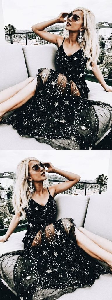 Sexy Sparkly Black Spaghetti Straps A Line Star Long Prom Dress 