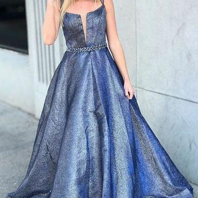 A-line square criss-cross straps blue satin prom dress with beading - Thumbnail 5