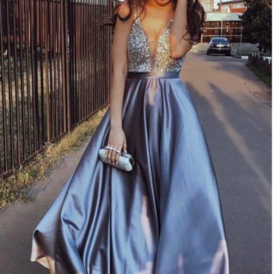 Sexy blue v-neck beaded a line prom dress formal evening dress - Thumbnail 5