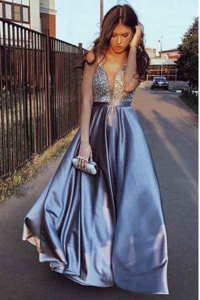 Sexy Blue V-Neck Beaded A Line Prom Dress Formal Evening Dress