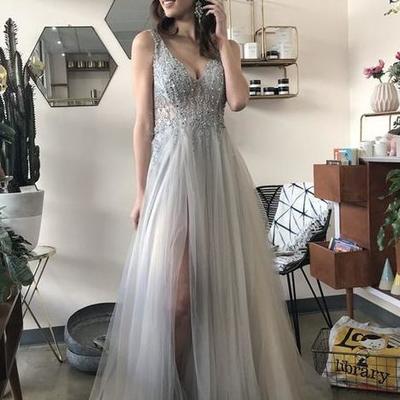 A-line v neck long grey tulle split prom party dress with sequins  - Thumbnail 5