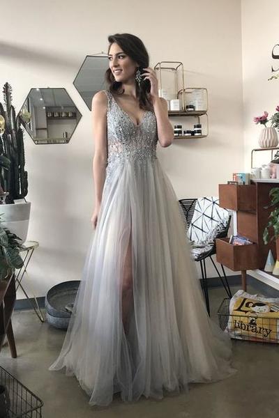 A-Line V Neck Long Grey Tulle Split Prom Party Dress with Sequins 