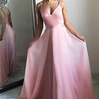 Flowing A-Line V-Neck Backless Pink Chiffon Long Prom Party Dress  - Thumbnail 1
