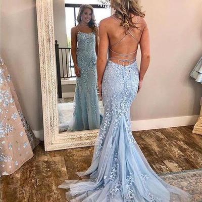 Blue lace applique mermaid sexy cheap long prom dress  - Thumbnail 5