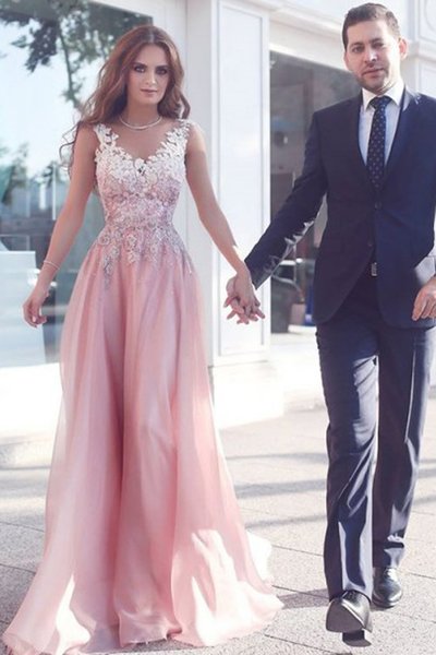Elegant Appliques Sleeveless Pink Floor-Length A-Line Prom Dresses/Evening Gown