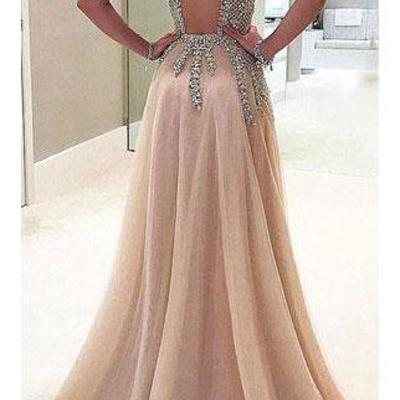 A-line v-neck tulle sexy shinny rhinestone long prom dress with slit - Thumbnail 5
