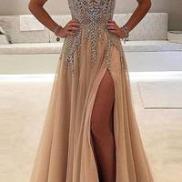 A-line V-neck Tulle Sexy Shinny Rhinestone Long Prom Dress With Slit - Thumbnail 1
