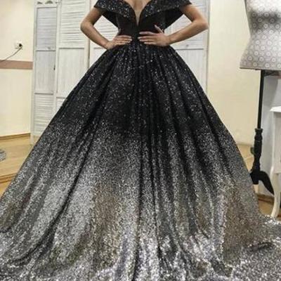 Sparkly sequins v-neck off the shoulder ombre wedding desses ball gowns - Thumbnail 5