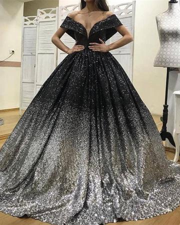 Sparkly Sequins V-neck Off The Shoulder Ombre Wedding Desses Ball Gowns