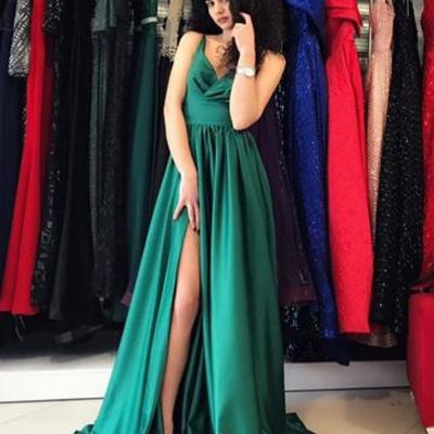 Sexy v-neck long satin split prom dresses formal evening gowns - Thumbnail 5