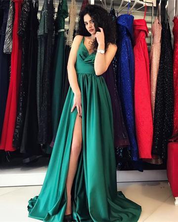 Sexy V-neck Long Satin Split Prom Dresses Formal Evening Gowns