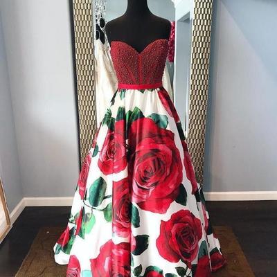 A line sweetheart prom dresses beaded red dress with flowers  - Thumbnail 5