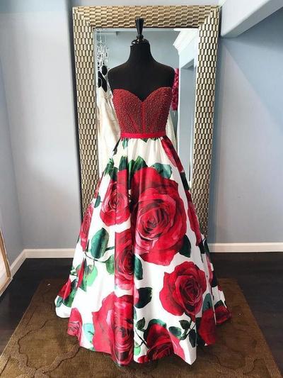 A Line Sweetheart Prom Dresses Beaded Red Dress with Flowers 