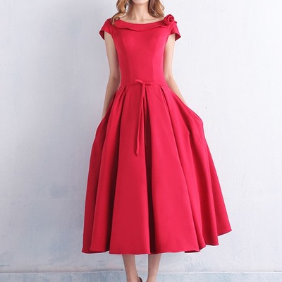 Simple scoop neck bowknot pockets tea-length prom dress - Thumbnail 5