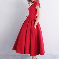 Simple Scoop Neck Bowknot Pockets Tea-Length Prom Dress - Thumbnail 1